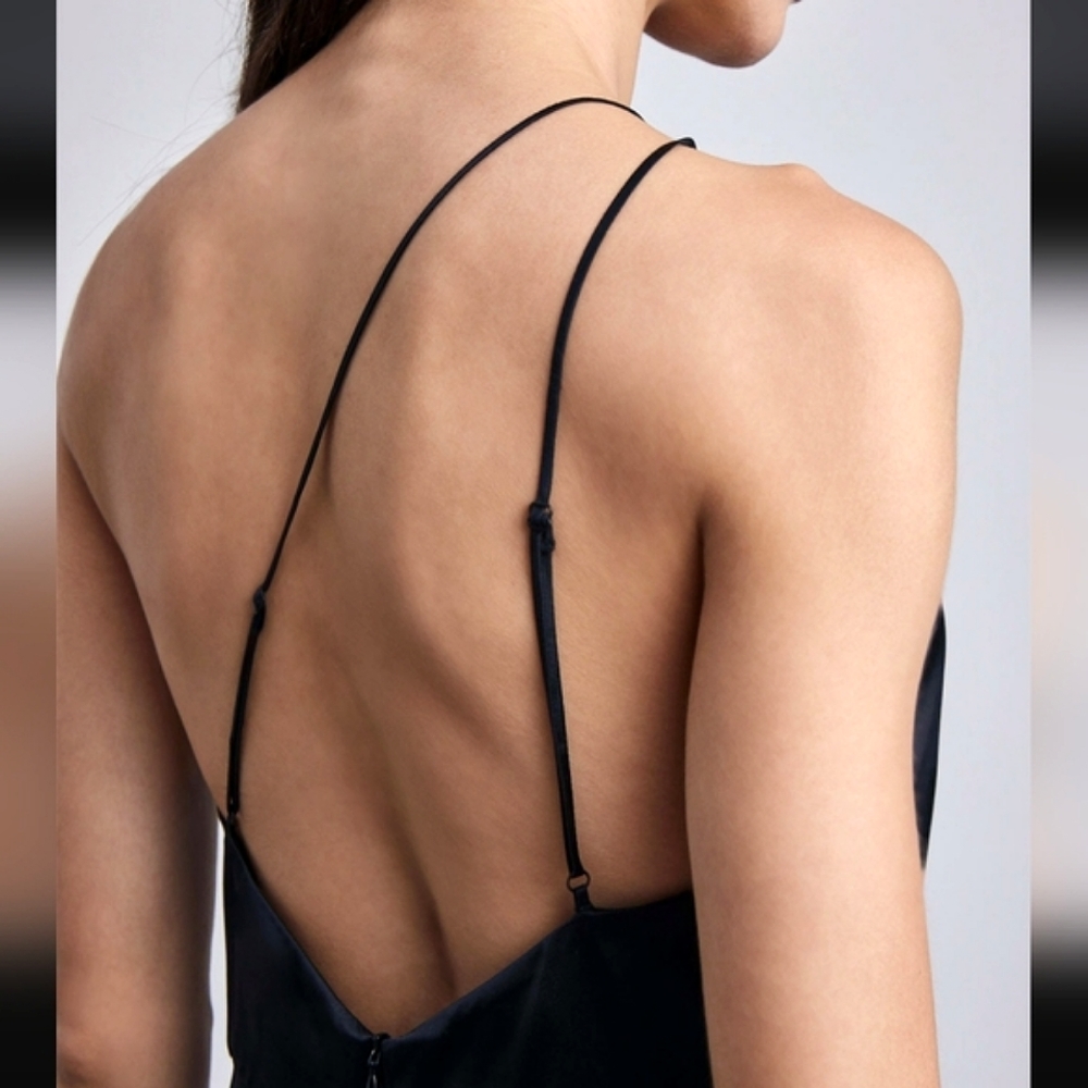 One-Shoulder Navy Satin Evening Gown - Picture 6 of 10